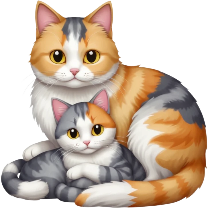 full body colourful light patched calico + white tabby cat cuddling a large grey and white cat  emoji
