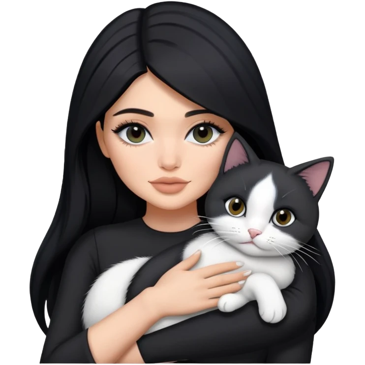 Kylie Jenner long hair with black dress hug one grey white cat emoji