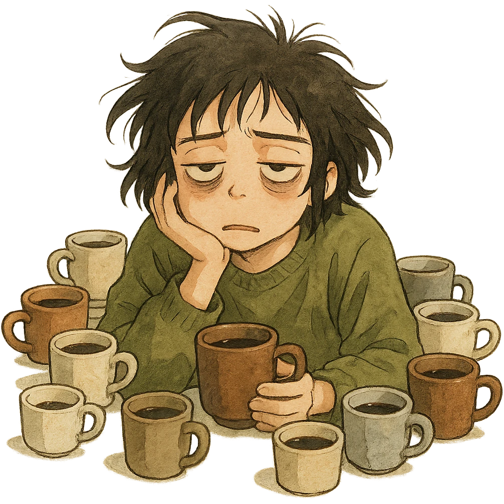 ghibli style illustration of someone surrounded by coffee cups, looking extremely tired emoji