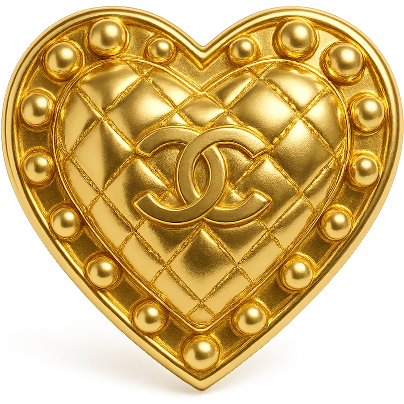 Chanel heart in metallic gold style with a quilted pattern and pearls, luxury fashion vibe emoji