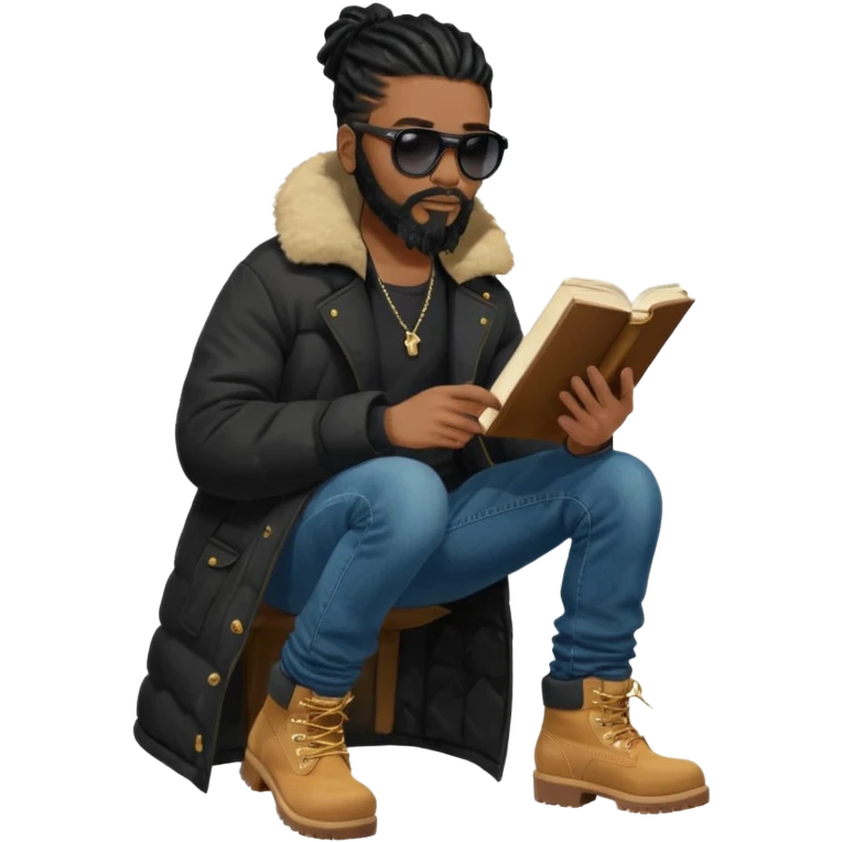African American man with shoulder length black dreadlocks with black beard wearing black sunglasses wearing a black bubble winter coat wearing denim skinny jeans wearing wheat timberland boots reading the bible emoji
