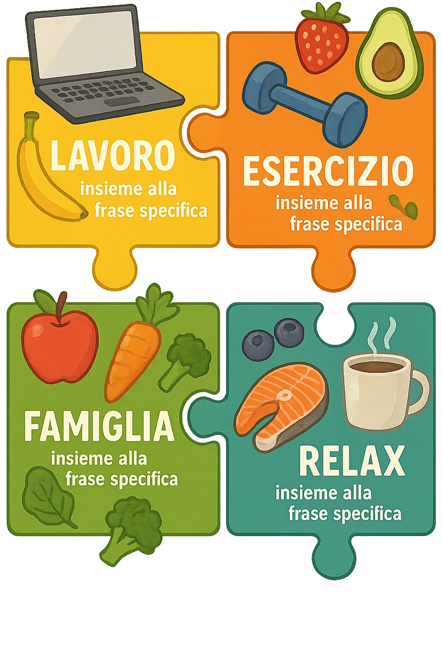 Puzzle (Lavoro, Esercizio, Famiglia, Relax), and healthy foods insieme alla frase specifica are integrated into each piece. in italiano emoji