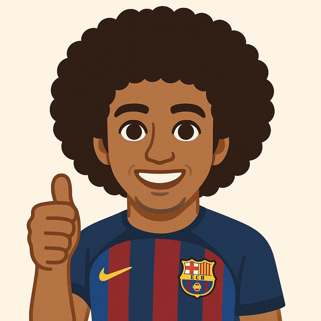 Add afro hair to Raphinha, Barcelona football player, giving a thumbs up, wearing Barcelona kit. The style should resemble emoji style. emoji