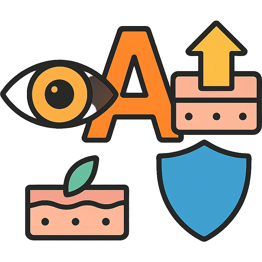 Vitamin A benefits: normal healthy eye, regenerating normal skin cells, and immune system shield emoji