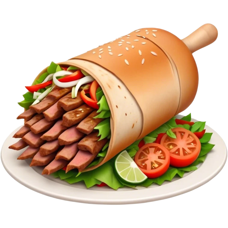 Cinematic Realistic Doner Kebab Dish Emoji, showcasing succulent, spiced meat shaved from a rotating spit rendered with lifelike detail and dynamic, appetizing lighting. emoji