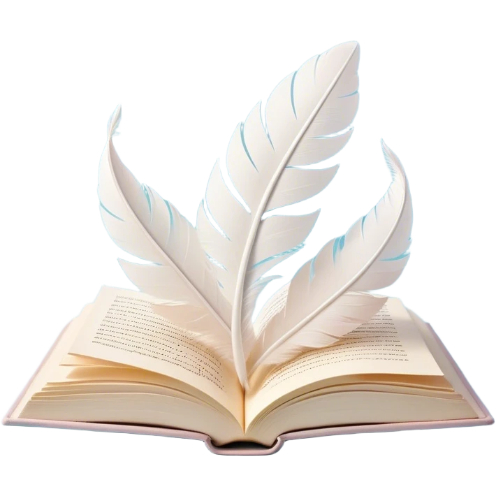 Create a delicate and poetic emoji representing poetry. The design should feature several elegantly flying pages with short poetic columns written on them. The pages should appear light and flowing, almost as if being carried by the wind. Include a white feather gently resting on the pages, symbolizing creativity and inspiration. Use soft, pastel tones to give it a dreamy, artistic feel. The design should feel ethereal and whimsical, capturing the essence of poetry. Make the background transparent. emoji
