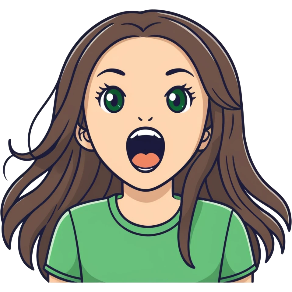 white girl, long brunette hair, green eyes screams with delight emoji