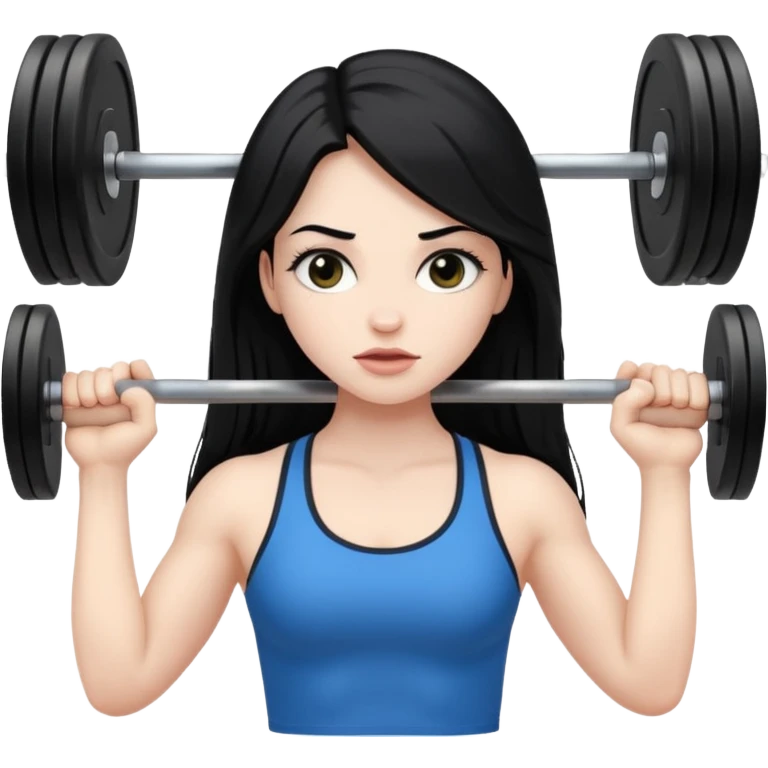 pale girl with long black hair lifting a barbell emoji