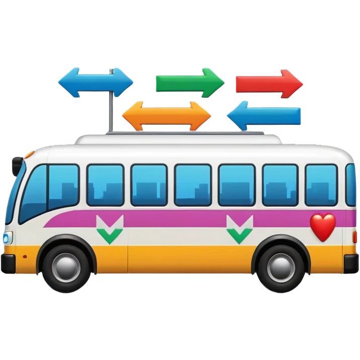 sleek bus viewed from the side with three colorful arrow signs pointing to city icons, colorful Apple-style emoji look emoji