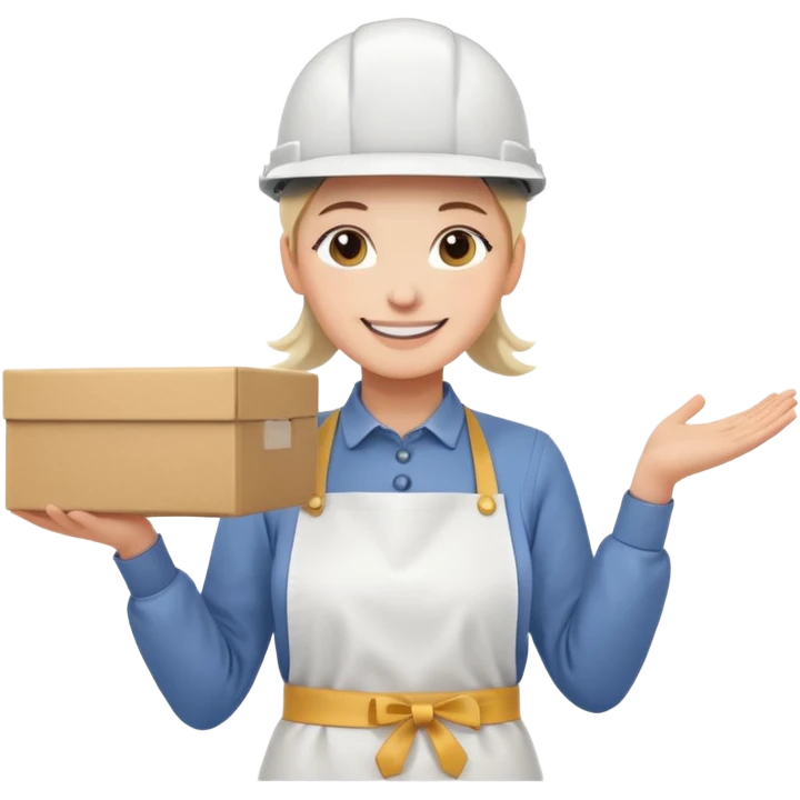 Tengo que dar una capacitacion de orgonomia, necesito un emoji de un operario con casco blanco y delantal blanco de manga larga que levante una caja cerrada con las dos manos a la altura de los hombros emoji