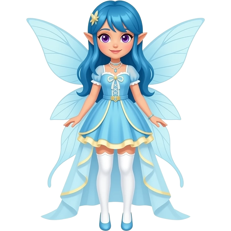 A female water fairy with a full body, blue hair violet eyes and wearing a light blue dress with white and cream yellow accents and white leggings. (Pokémon style.) emoji