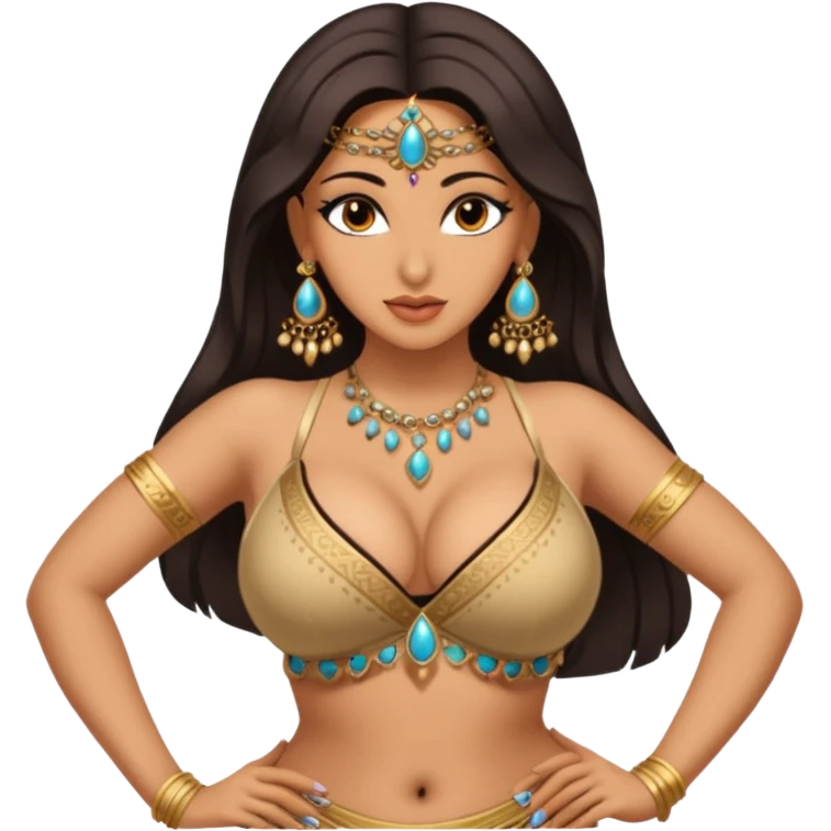 naked bellydancer with very massive naked breasts, giant cleavage, no bra, no top, topless, skin coloured top emoji