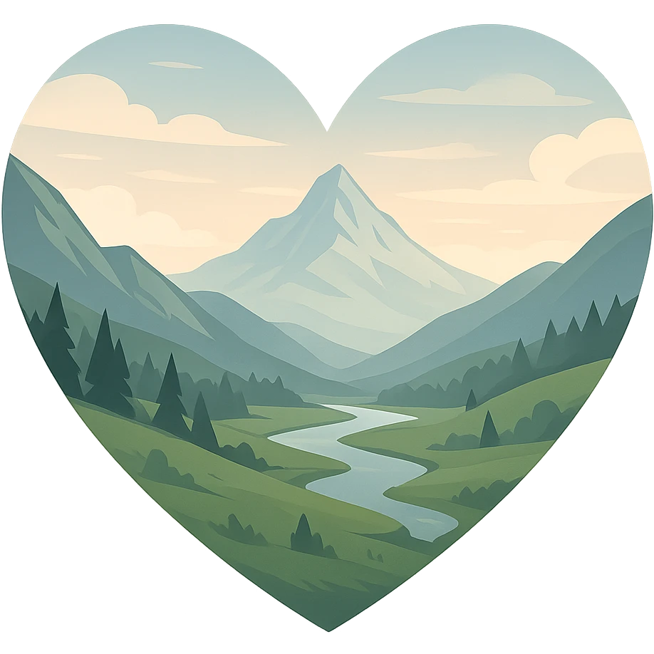 heart with a serene mountain valley, clean digital illustration emoji