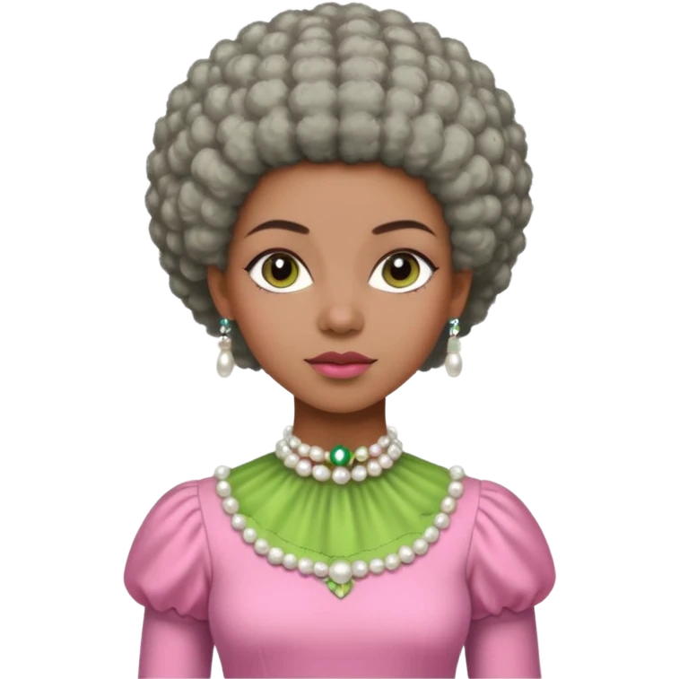 Pretty Brown woman with a very very short stylish gray Afro  wearing pink and green dress  and pearl blouse with sleeves emoji