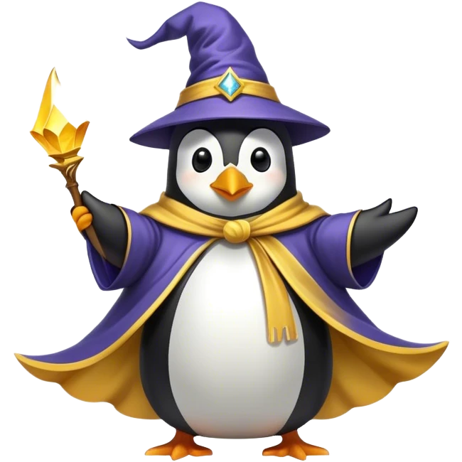 A wizard penguin with a yellow hat and a long, flowing cape. The penguin is floating slightly above the ground, surrounded by swirling magical energy and glowing runes in the airyellow wizard hat emoji