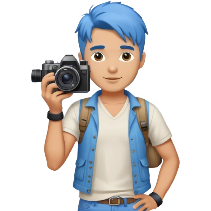 blue hair full body handsome man with camera and beach outfit  standing emoji
