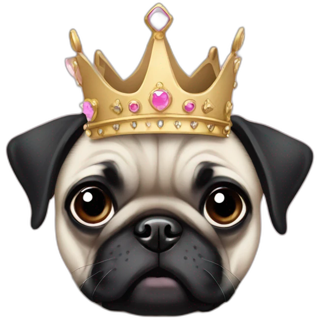 Black pug dog wearing a princess crown emoji