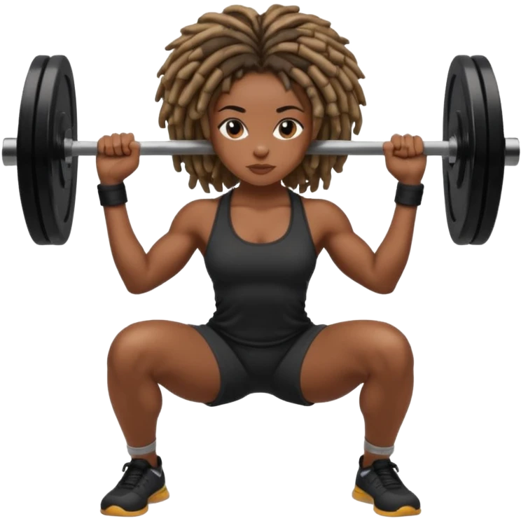 Black girl with locs squatting a barbell emoji