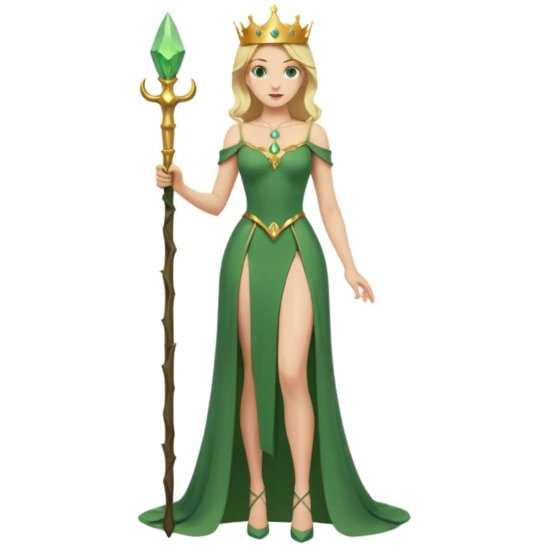 Queen, crown, blonde hair, green eyes, long green tight dress, decoltee,  Leg slit, whole Body, Background forest  emoji