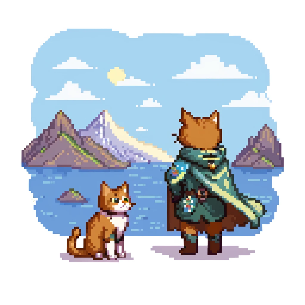 Explorer cat with map, mountain landscape with stars, wearing light explorer outfit with cape blowing in wind, gazing at horizon emoji