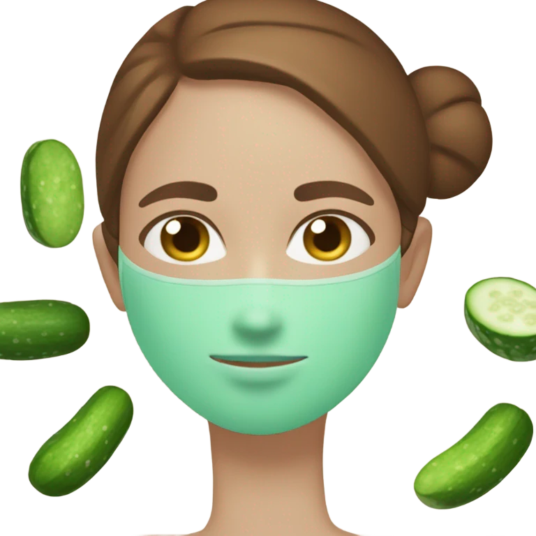 Girl with freackles Brown hair white skin Tone and blue eyes wears Green skin care mask while She relaxes and cucumber on her closed eyes emoji