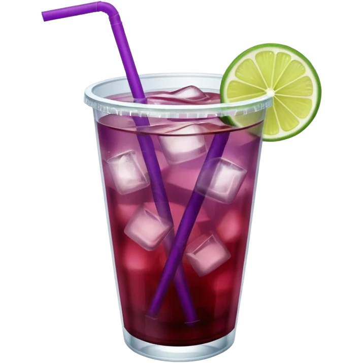 maroon purple cocktail with a lime in a plastic cup with lid and straw  emoji