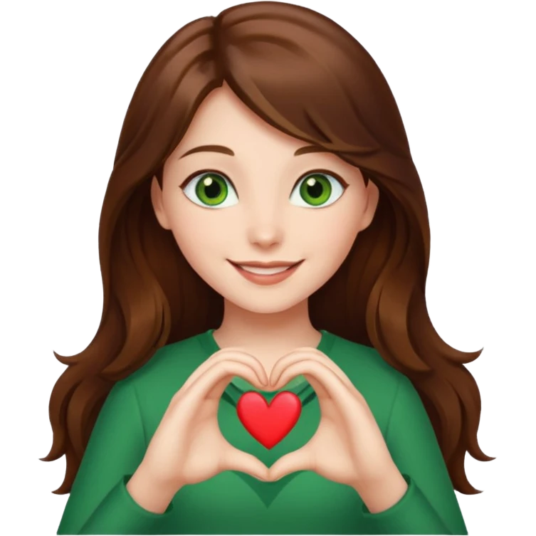 Girl green eyes brown long hair doing hands heart emoji