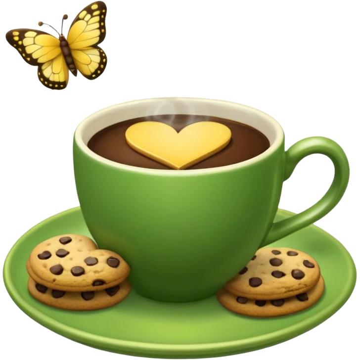 A green coffee cup, steaming in a heart shape, has a yellow butterfly print on it. The cup sits on a green saucer surrounded by cookies. emoji