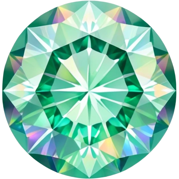 round cut gemstone with delicate mint green color, holographic rainbow fire, brilliant facets emoji