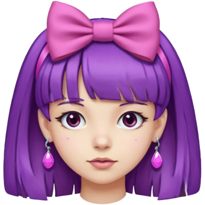 girl with bangs and purple hair and pink hairbow on the side of head and earrings emoji