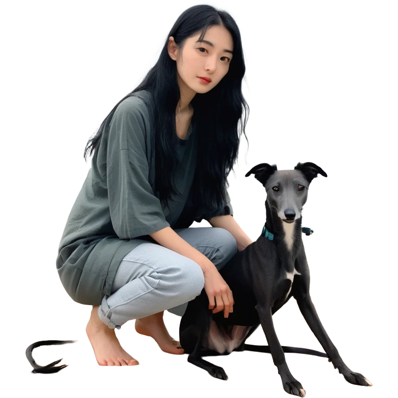 A very beautiful and attractive 25-year-old Japanese woman with long flowing black hair and a SOLID DARK GREY whippet sitting together on a beach during a beautiful sunset. The whippet MUST be COMPLETELY SOLID DARK GREY with ABSOLUTELY NO WHITE MARKINGS ANYWHERE - no white chest, no white face, no white paws, no white tip on tail - ENTIRELY ONE SOLID DARK GREY COLOR throughout the entire dog. Orange and red sunset sky over the ocean, sandy beach in the foreground. emoji