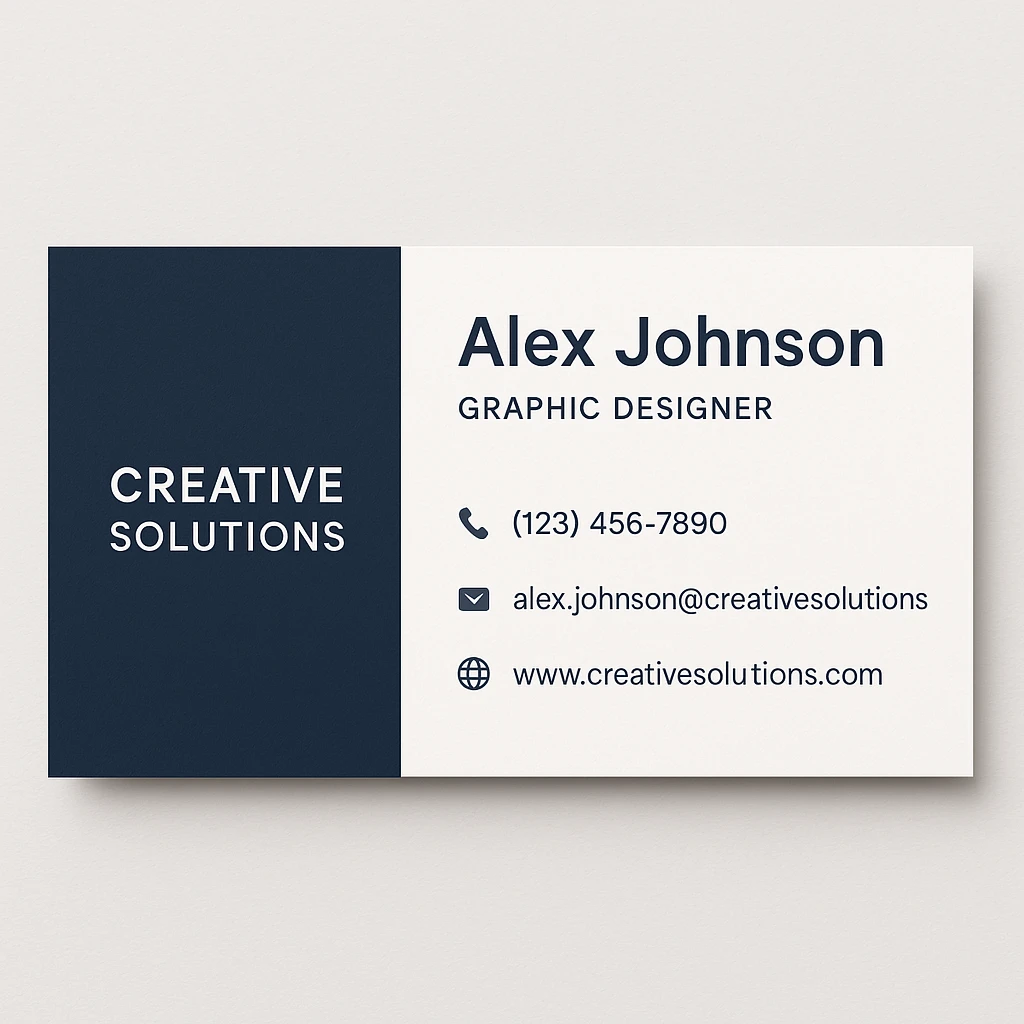 A modern and professional business card for Alex Johnson, Graphic Designer at Creative Solutions. The card should include the name, job title, company name, phone number (123) 456-7890, email alex.johnson@creativesolutions.com, and website www.creativesolutions.com. Use a clean, modern design with a professional color scheme. The card should have a minimalist design. emoji