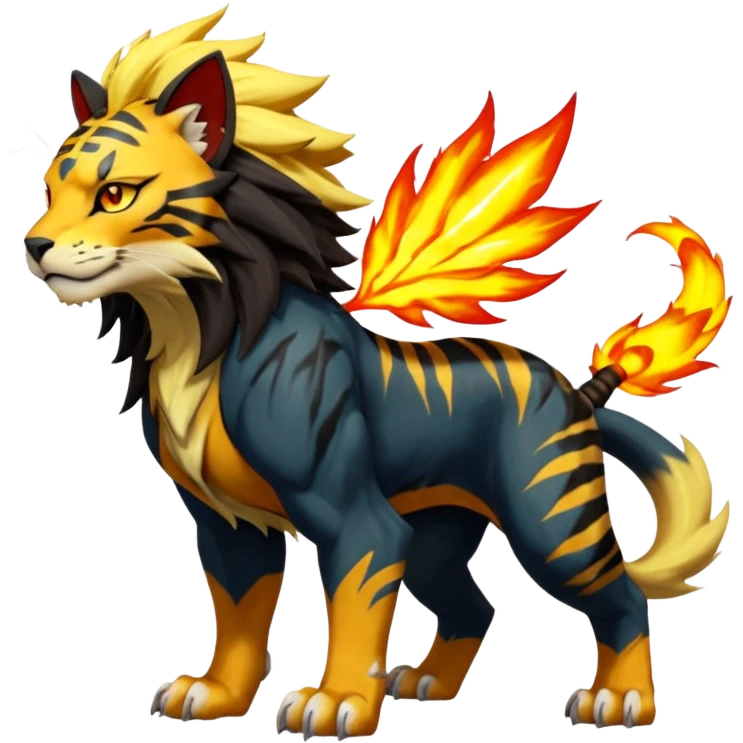 Volcanic Fiery Colorful exotic dark-colored, vibrant, golden, burning, badass, cool, realistic Pyroar-Sprigatito-Torracat-Luxray-Tigress-Solgaleo-Liger-Hybrid-Fakémon-Pokémon-Hybrid-Creature (full body) emoji