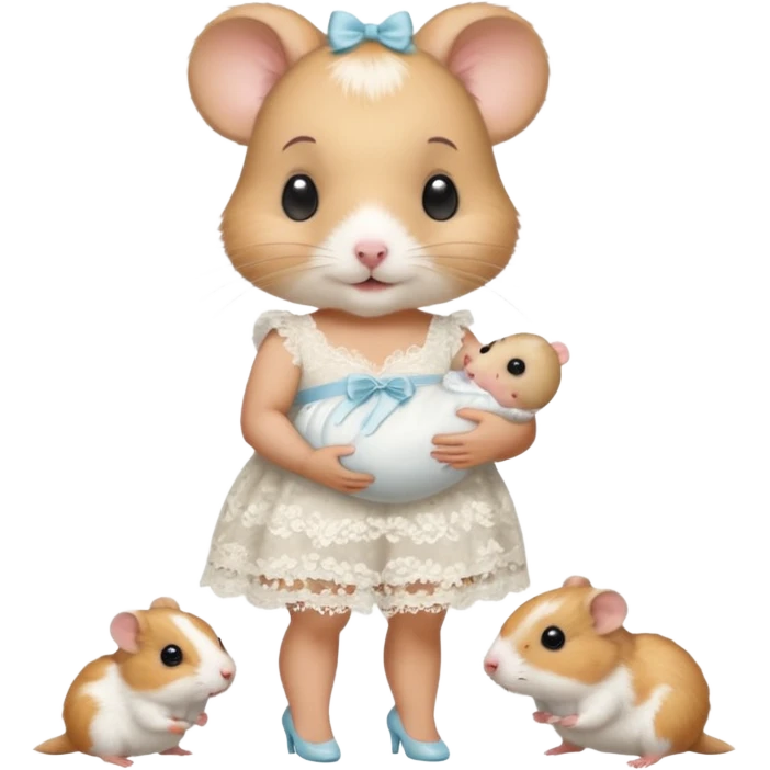 Mama white pretty hamster girl wearing white lace dress and heals holding a baby hamster wearing nappy and dummy emoji