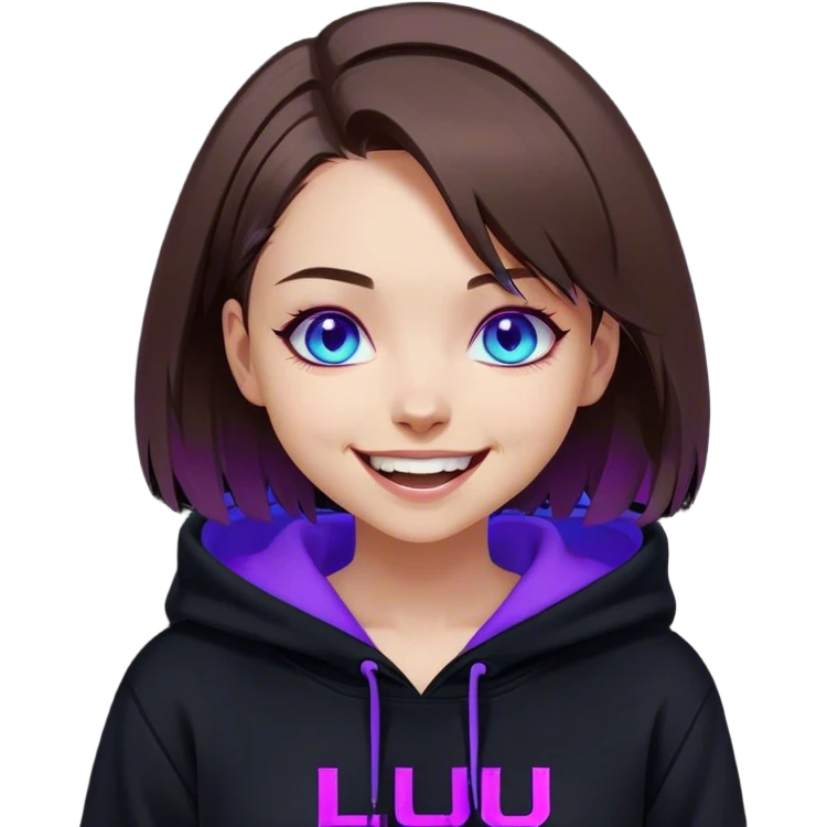 brown haired girl with a bob and blue eyes wearing black hoody with violet letters "Lu", laughs. Cyberpunk style. Violet neon. emoji