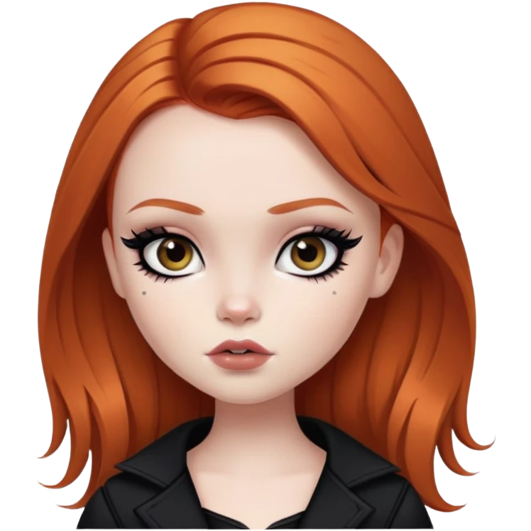 pretty bratz girl, ginger hair, dark brown eyes, black eyeliner, pale skin, alternative style, goth emoji