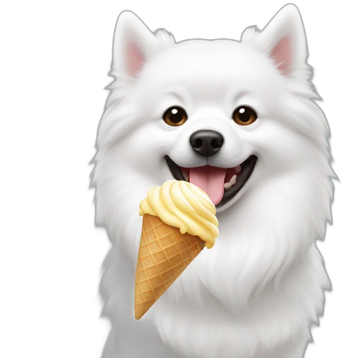 White spitz eating an ice-cream emoji