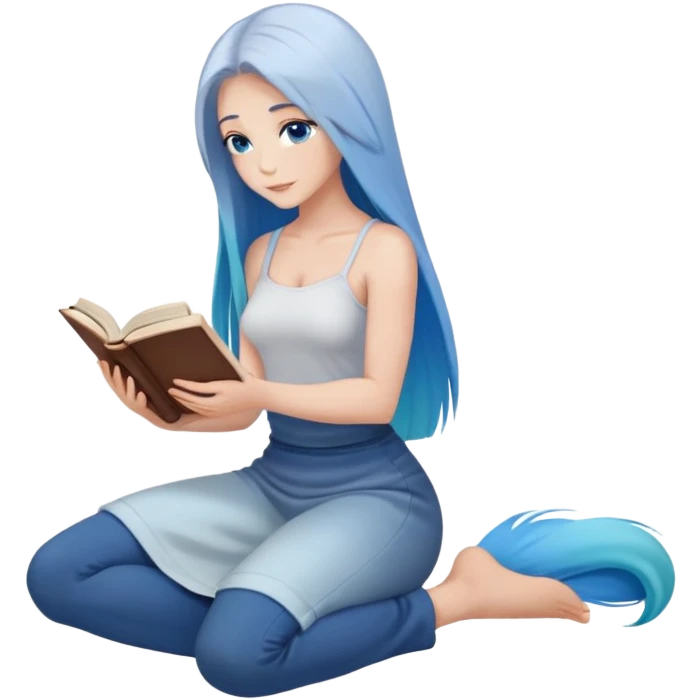 Anatomy of woman's very bare body scheme anatomy-bare shoulders and blue eyes-very long straight blue hair ombre-kneeling-front-leaning back and reading book emoji