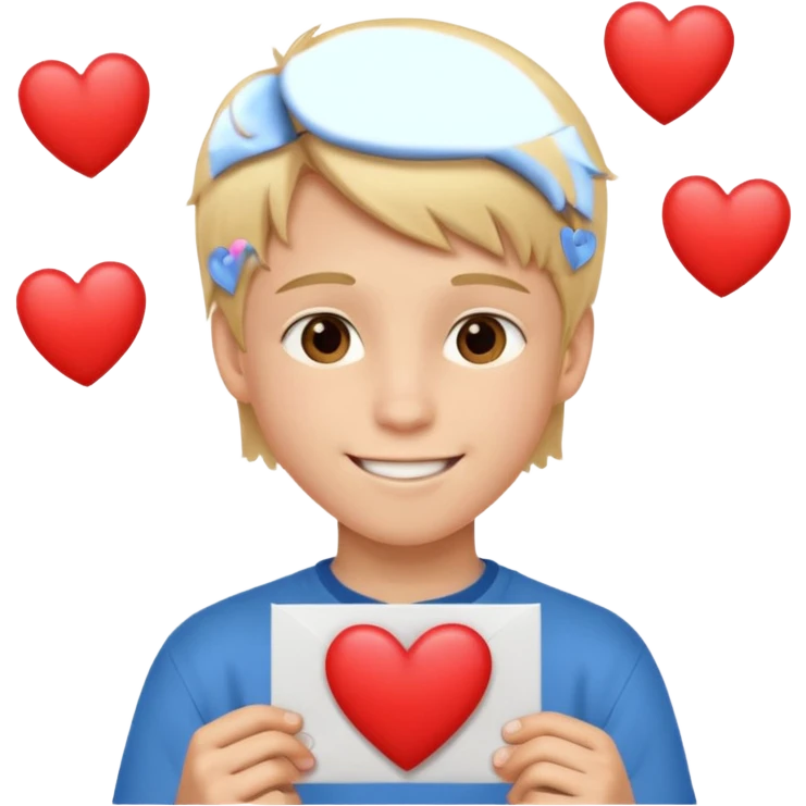 Un garçon blond aux yeux marrons de 13 ans qui tient avec ses mains un L avec des cœurs autour de son visage emoji