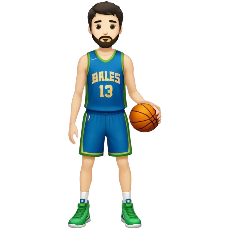 Full Body  white male basketball player with short shaggy dark hair and gold tee beard wearing blue and green uniform emoji