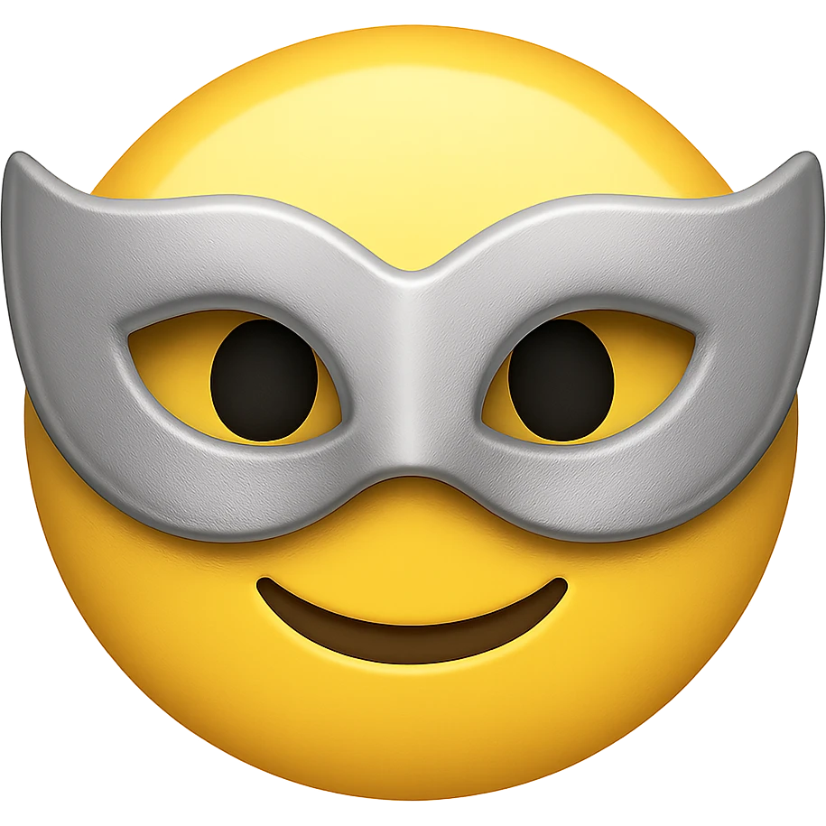 yellow face with silver masquerade mask, digital illustration, emoji style, no background emoji
