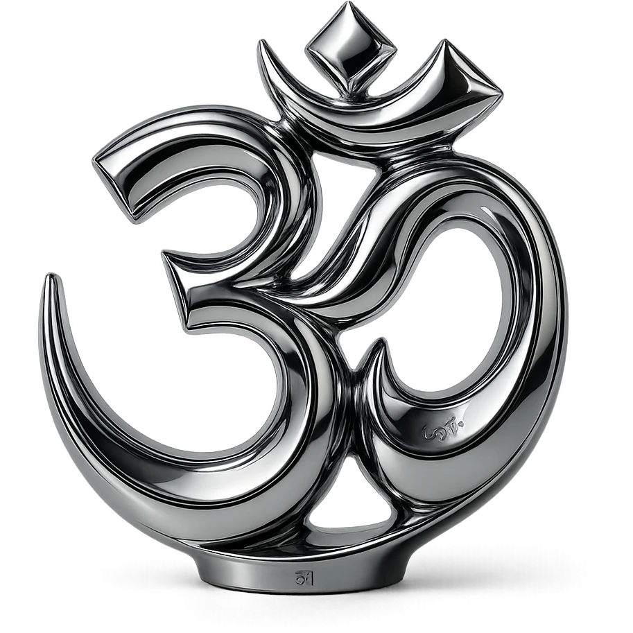 abstract chrome Om symbol with swirling metallic forms and a luminous effect emoji