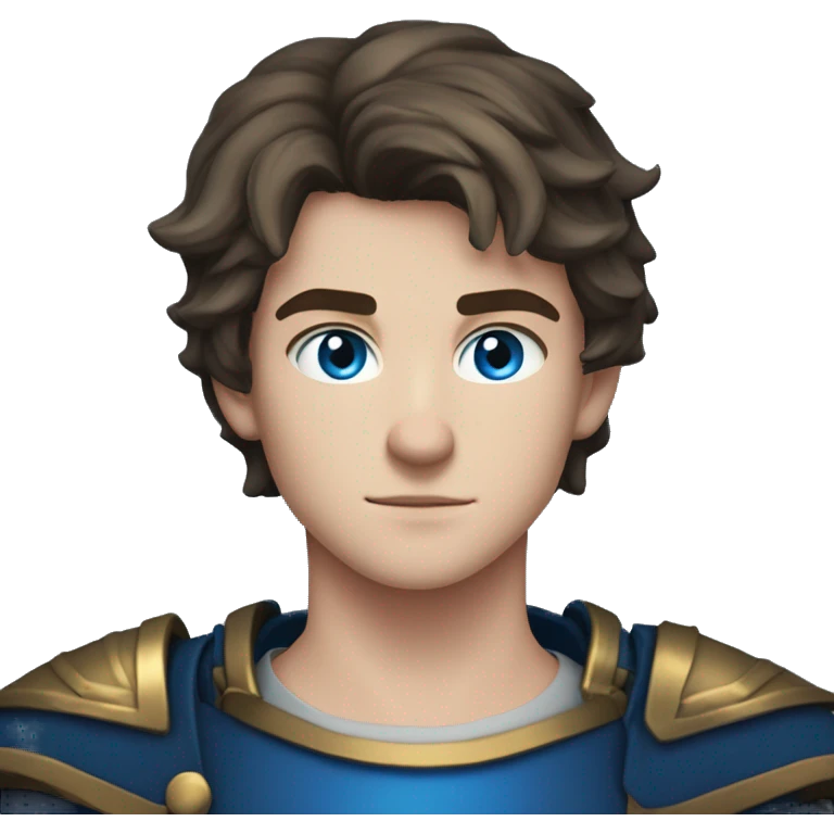 a 6'5" 19 years old Irish, teenage boy with slightly dark short hair. He wields a dark blue flaming sword, and wears a blue armor. He has blue eyes. He is very serious & strong  emoji