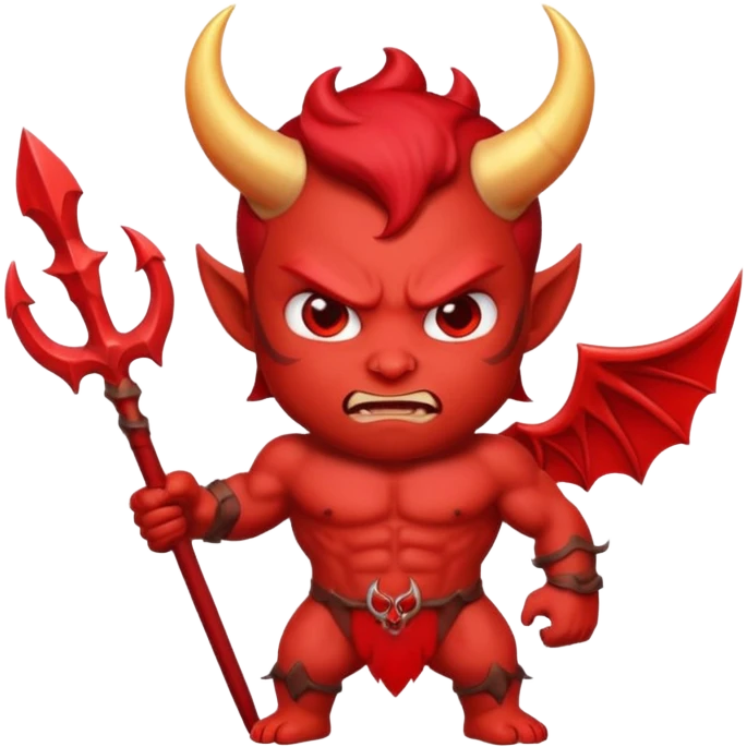 Emoji-style devil: red skin, horns, muscular body, red trident, angry face, same cute emoji style as the angel. emoji