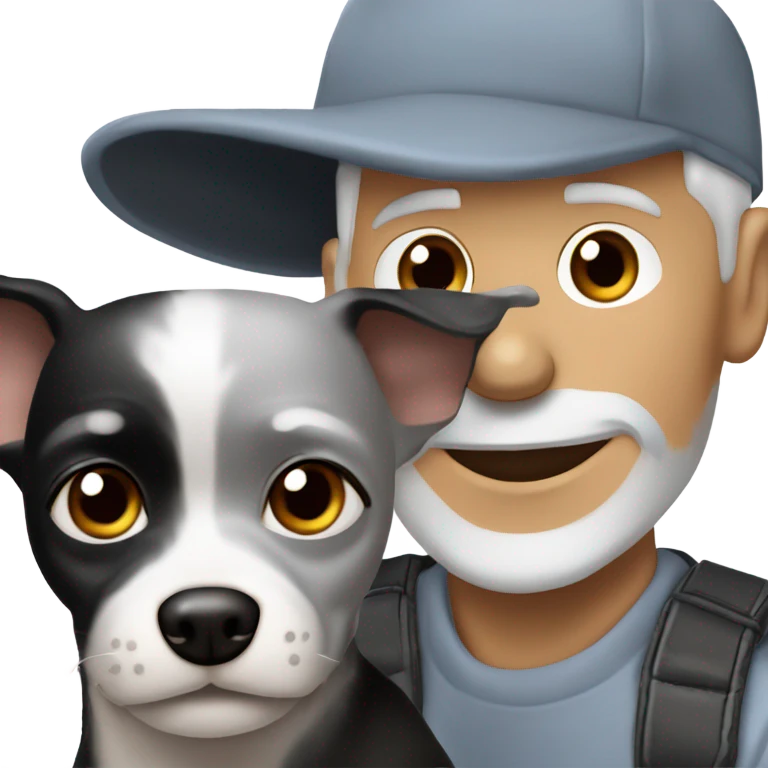 blue eyed gray haired gray goatee man in ball cap holding a black longhair chihuahua  emoji