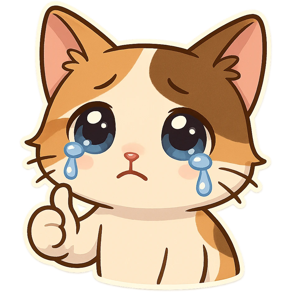 A kitten with tearful eyes, giving a thumbs up emoji