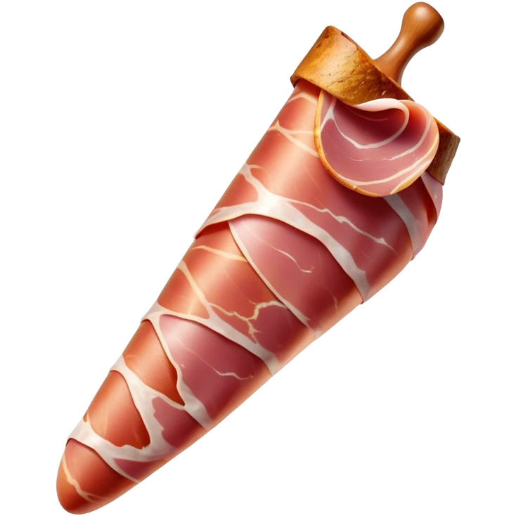 Jamón Serrano Cinematic Realistic Jamón Serrano Dish Emoji, depicted as a prominent leg of cured ham with visible marbling, rendered with rich textures and dynamic, appetizing lighting. emoji