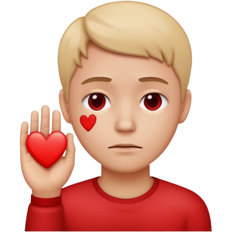 A red emoji that is sad and has a hand making a heart emoji