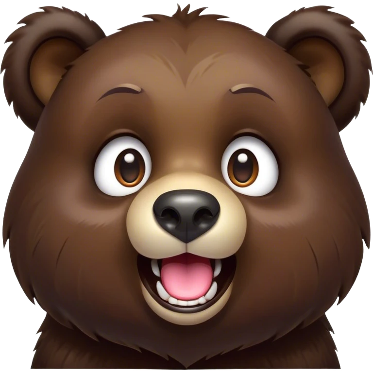 Cinematic Comical bear cub Portrait Emoji, Head tilted dramatically with an exaggeratedly amused expression, featuring a striking, glossy dark brown fur with bold fur texture, wide, expressive eyes filled with playful disbelief, Simplified yet hilariously expressive features, highly detailed, glowing with a slightly sassy glow, high shine, dramatic yet playful, stylized with an air of cheeky wilderness mischief, bright and endearing, soft glowing outline, capturing the essence of a spirited and over-the-top bear cub, so meme-worthy it feels like it could roar its way into internet fame instantly! emoji