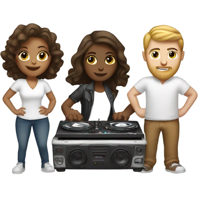 a white girl, a brown girl, and a white guy behind DJ turntables together emoji